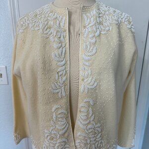Vintage Atkins Beaded Angora Lambswool Cardigan Ivory Floral Hong Kong Size 40